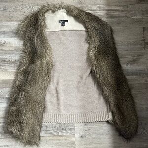 Mango Faux Fur Trim Sweater Vest - Cream and Brown